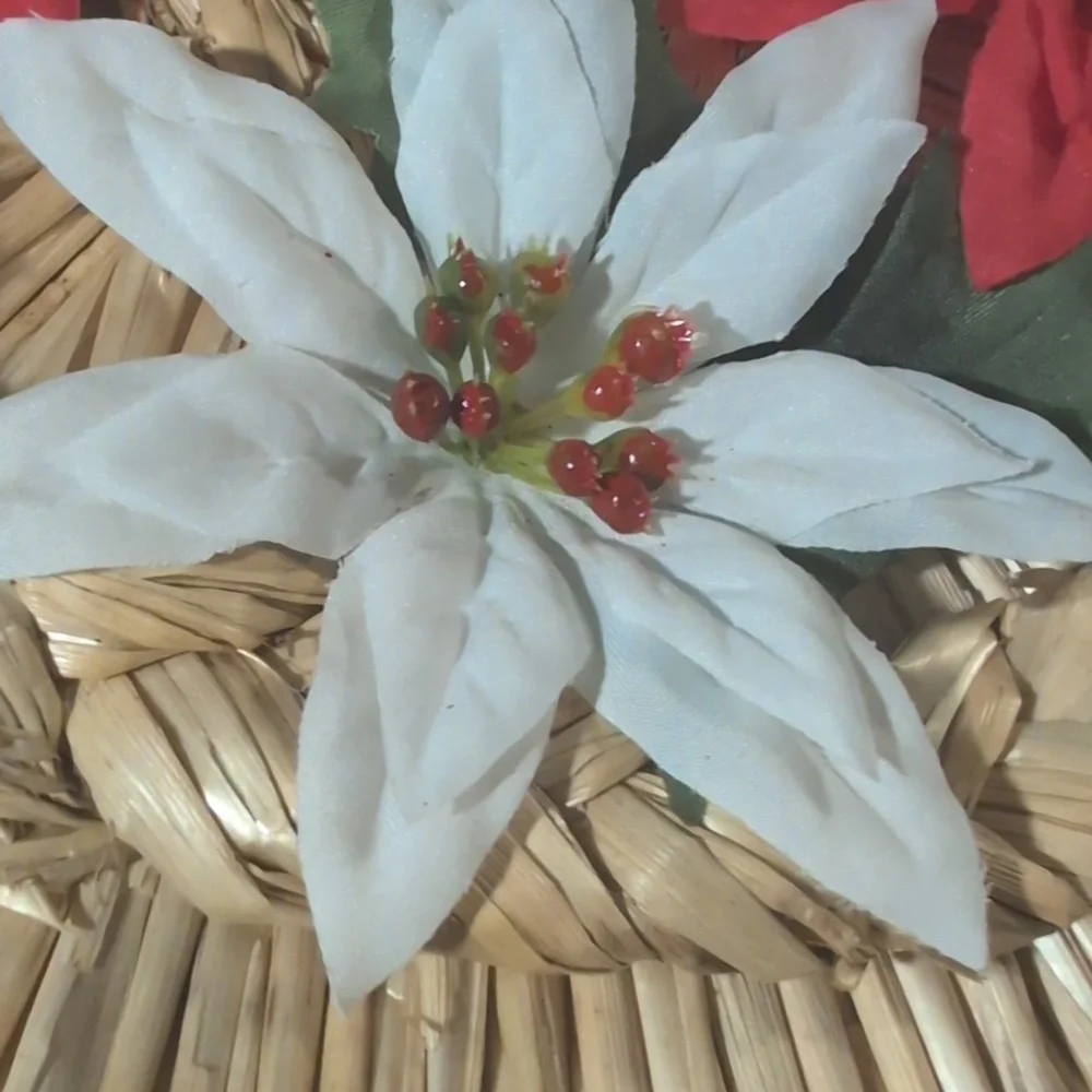 Vintage Holiday Swedish‎ Braided Straw Star Christmas Wreath Poinsettia Rare
